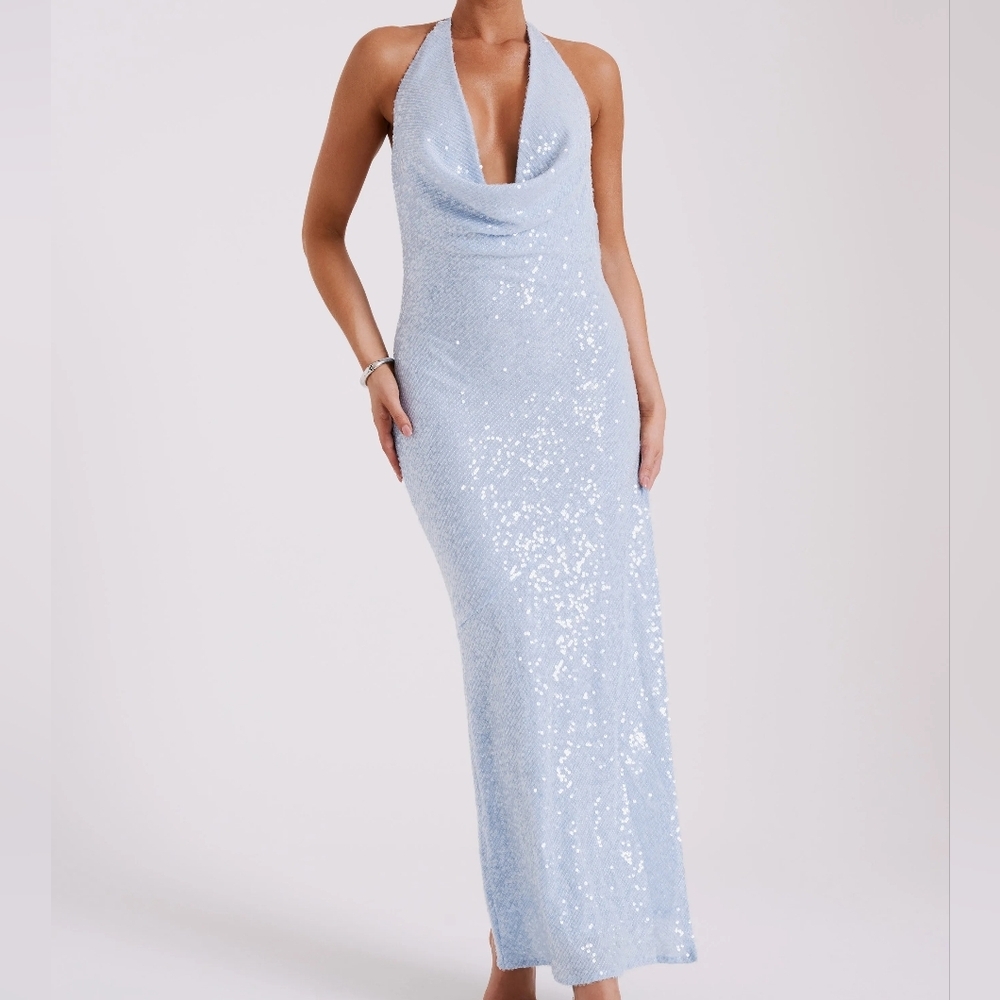 Meshki Blakely Light Blue Sequin Halter Maxi Dress Open Back Evening Gown XXL